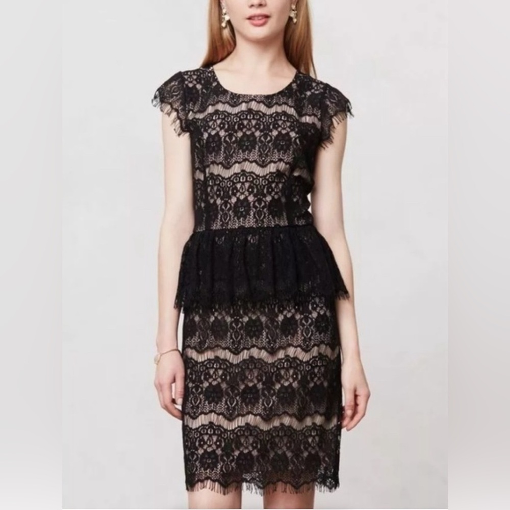 Anthropologie Maeve Elsa Black Lace Peplum Sheath Dress. Size XS